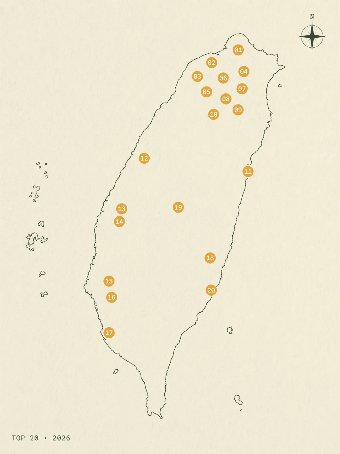 2026 台灣高爾夫球場 Top 20 地理分布地圖