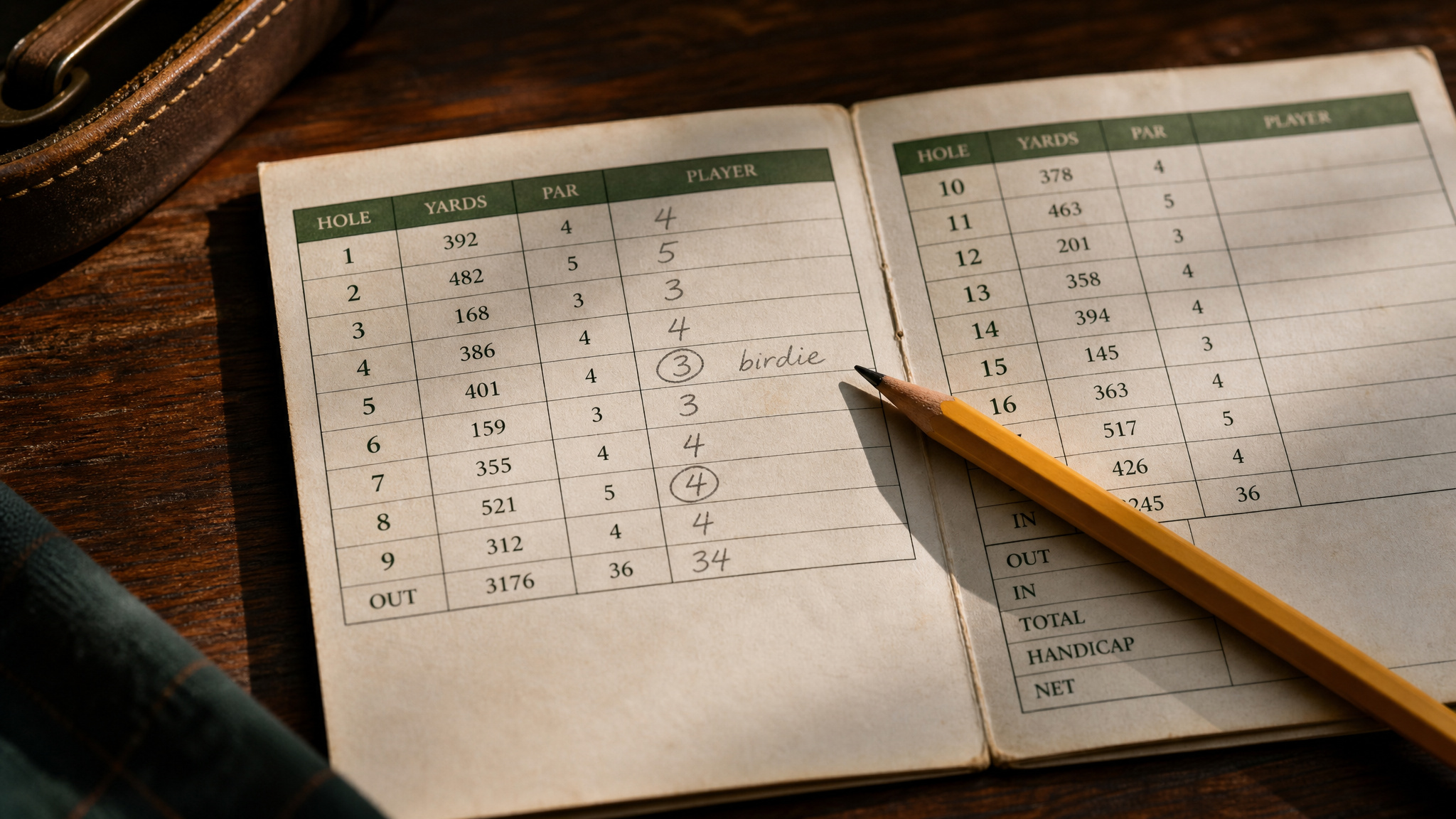 戴白帽的桿弟手持 yardage book 與一支鐵桿，遞給亞洲男球員，旁邊是黑色球桿包，遠處看得到果嶺旗桿