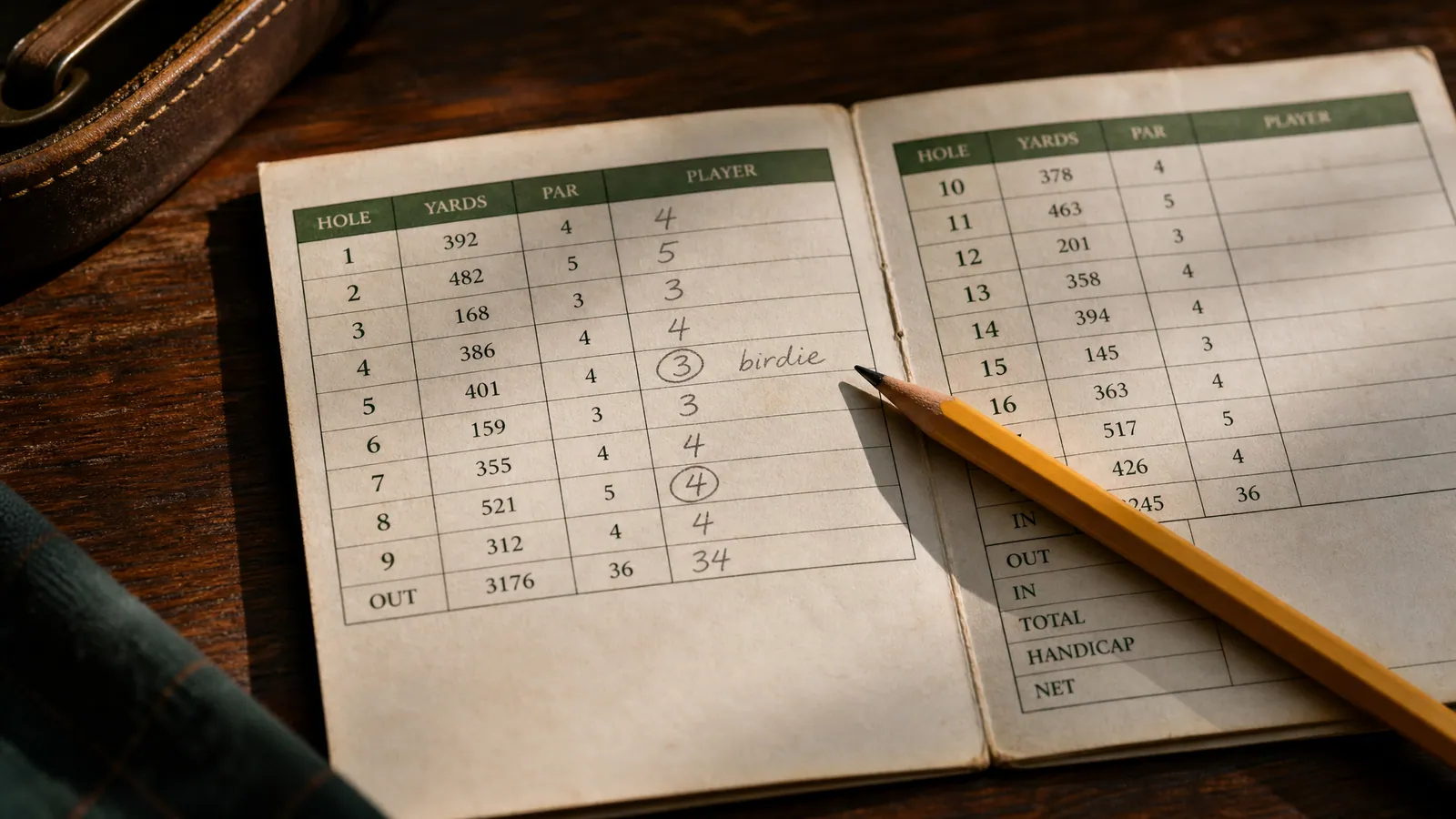 戴白帽的桿弟手持 yardage book 與一支鐵桿，遞給亞洲男球員，旁邊是黑色球桿包，遠處看得到果嶺旗桿