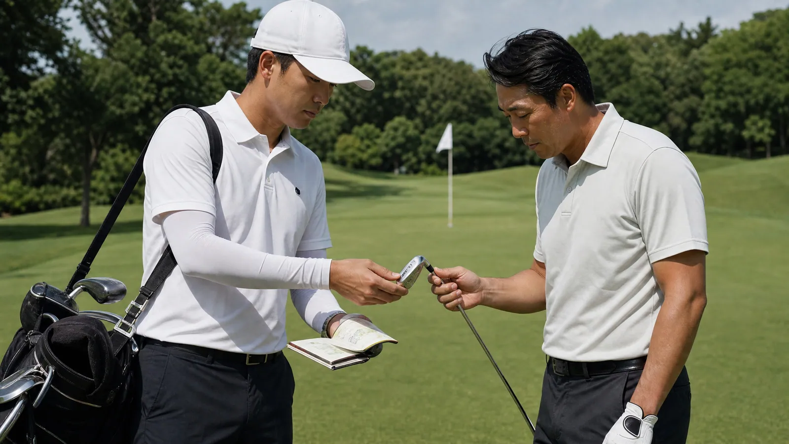 對開的紙本計分卡與鉛筆，第 4 洞 par 4 處圈起 3 桿並手寫 birdie，wooden 桌面上是皮製球袋邊