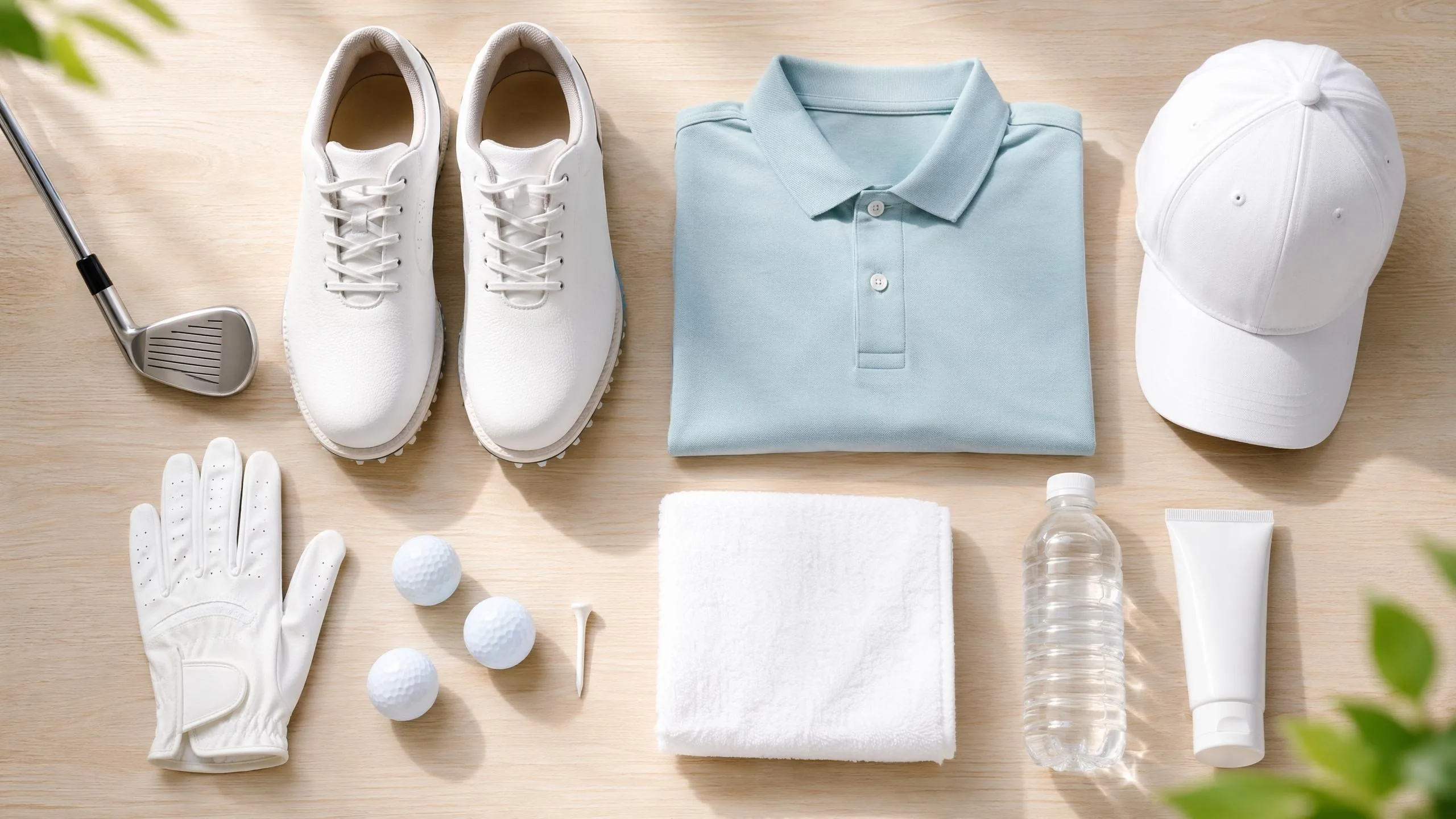 下場前的高爾夫裝備清單 flat lay：球桿、球鞋、polo 衫、帽子、手套、球與 tee