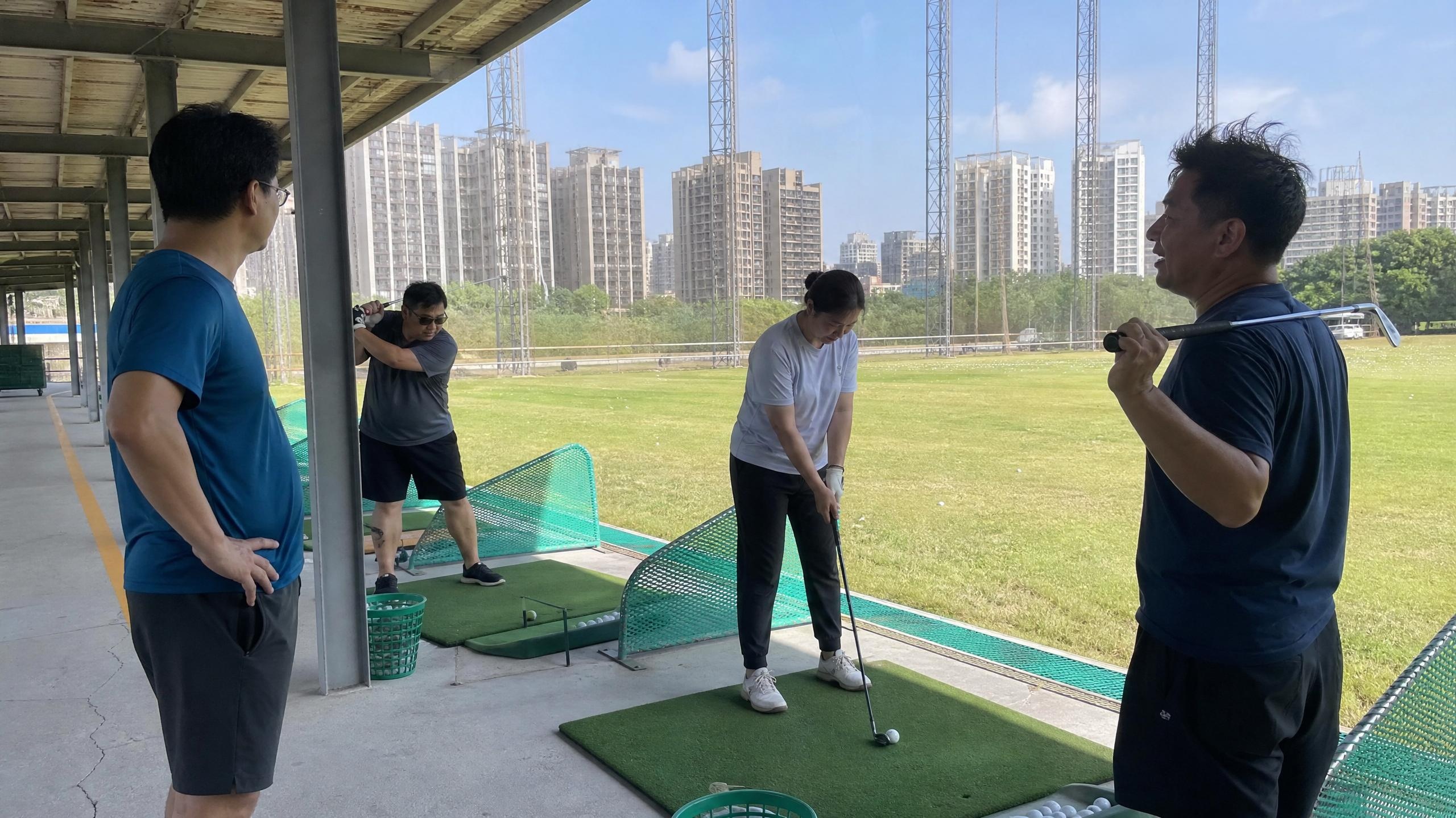 台灣戶外練習場的高爾夫教練課：三名學員各自練習，動作各不相同