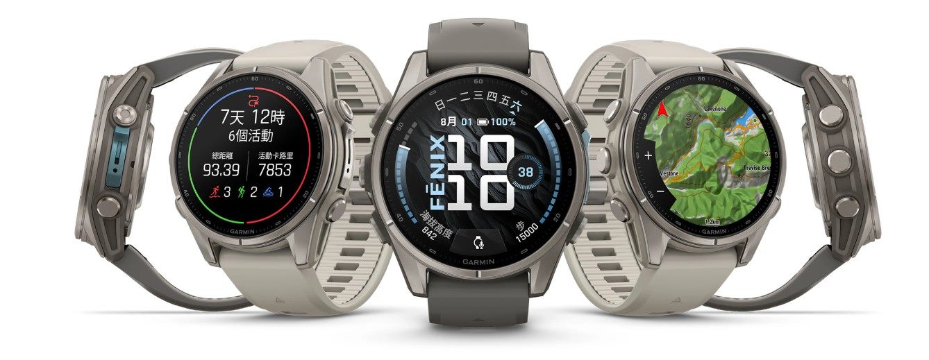 Garmin fenix 9 三種畫面:Garmin Epic 活動摘要、主錶面與離線地圖